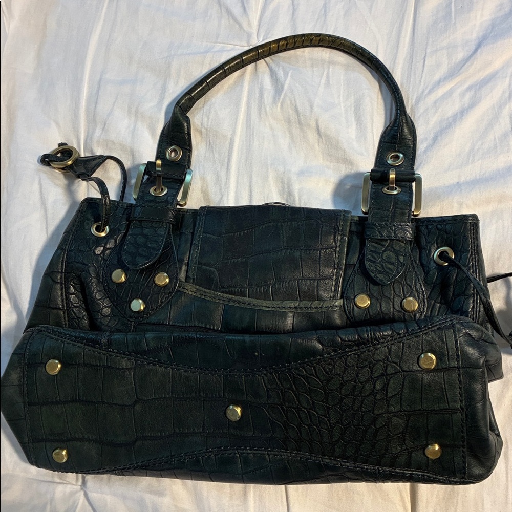 Rafe Dark Green Croc-Embossed Handbag with Gold Accents - Picture 2 of 7